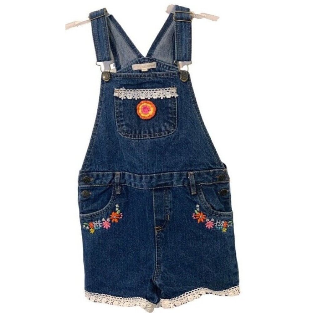 Self Esteem Girls Embroidered Bib Overall Jeans Shorts Size 5 Lace Pockets Denim